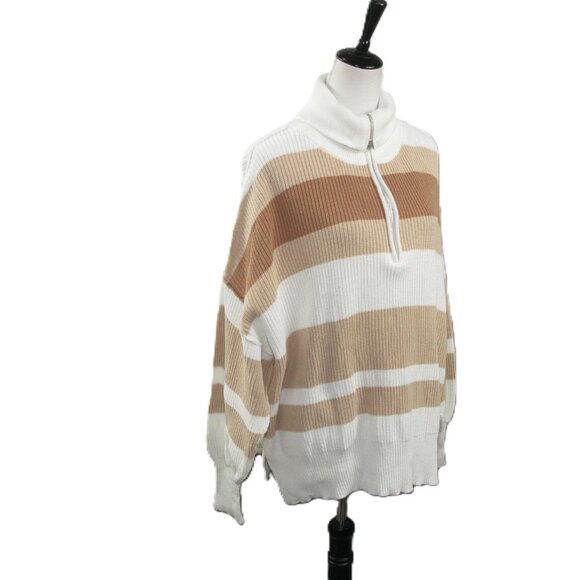 Aerie NWOT Tan Stripe Partial Zip 100% Cotton Turtleneck Sweater Size Medium - Picture 6 of 7